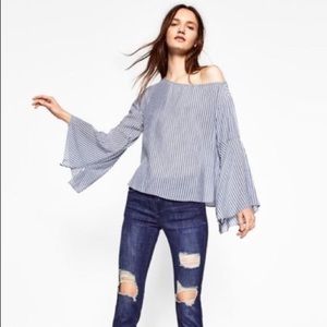 Zara Bell Sleeve Zipper Striped Blouse